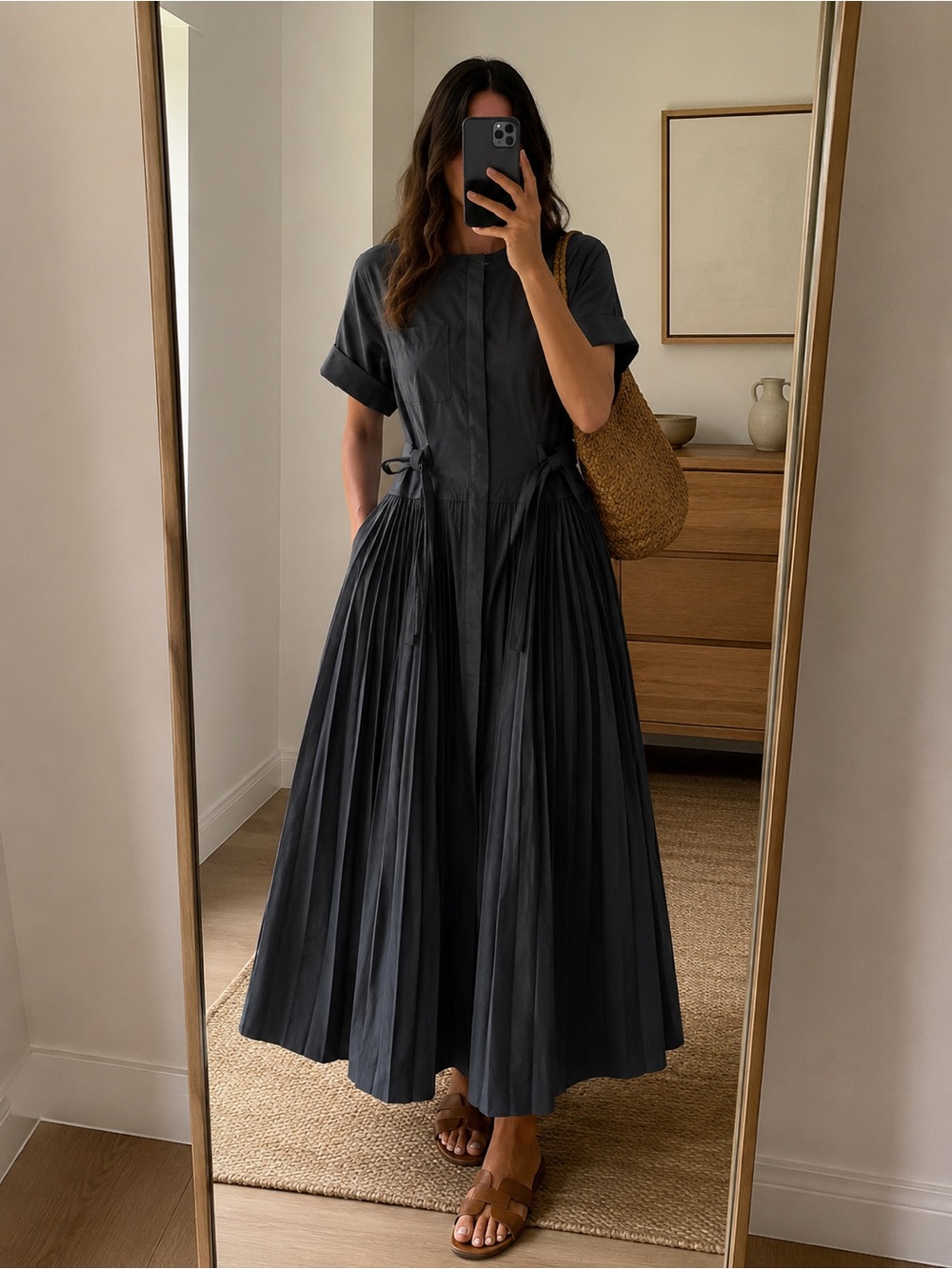 Kobi Halperin Designer Pleated Belted Midi Shirt Dress Black Size S Brand New